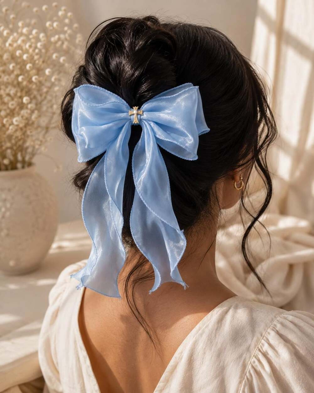 Coquette Light Blue Sheer Hair Bow Silver Cross Pearl Charm